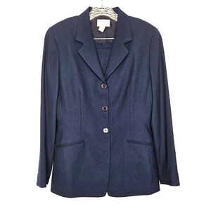 Vintage Anne Klein Skirt Suit Womens 6/8 Navy Blue Pure Wool 90s Career Quality